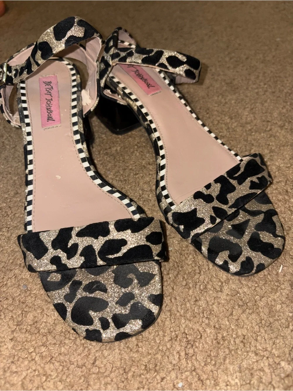 Betsey Johnson Black and Gold Leopard Print Block Heel Sandals